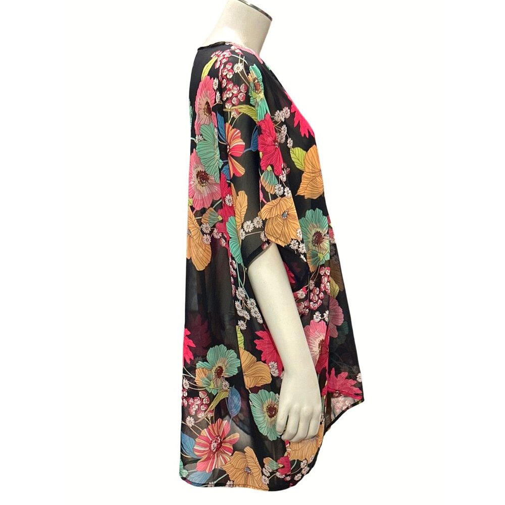 CCC Floral Sheer Black Print Tunic Cover Up V Neck Dolman Sleeves Resort Wear - Picture 4 of 7